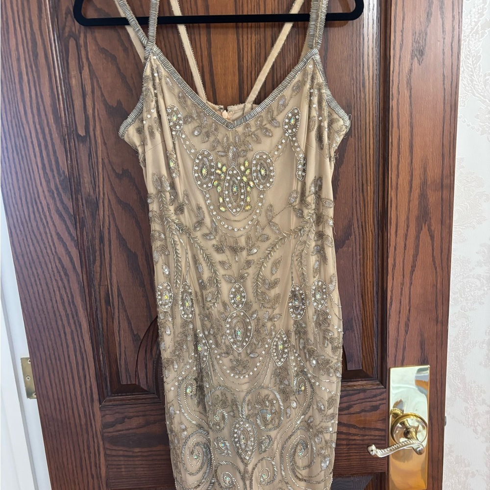 Elegant Embellished Tan Dress